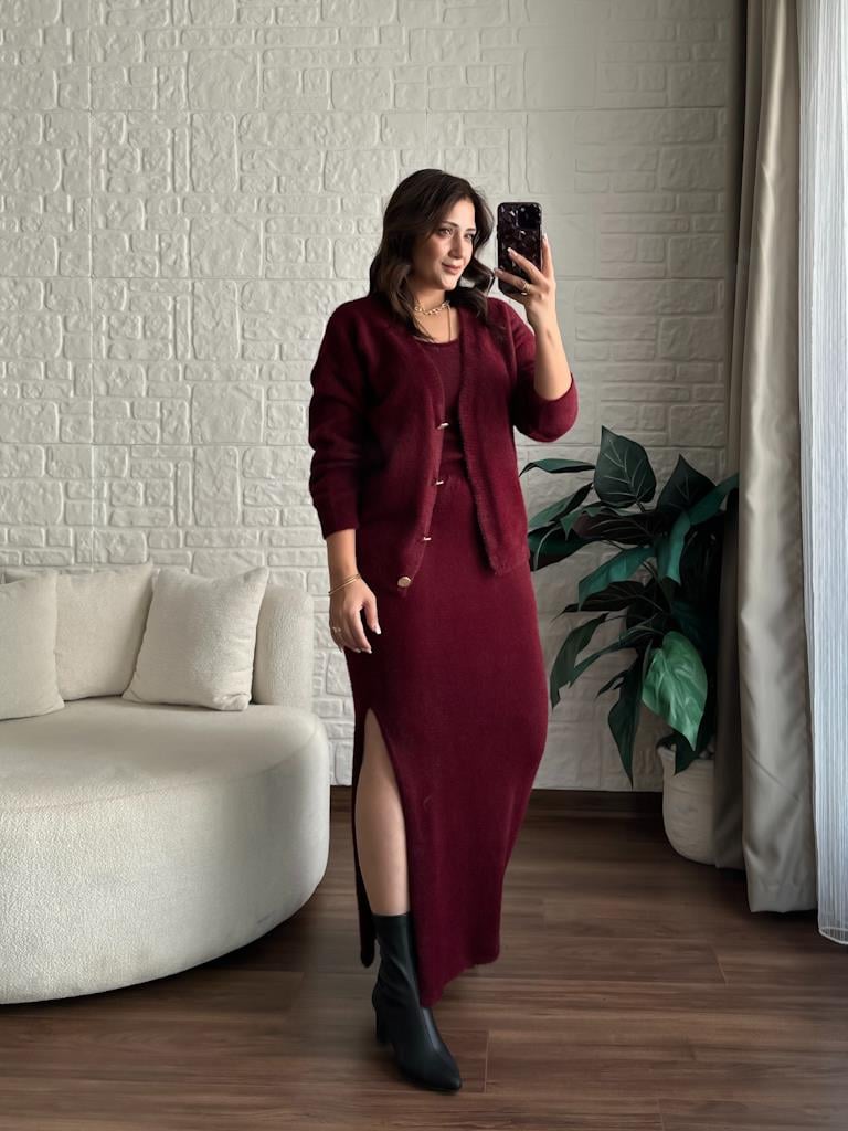 Premiuım Üçlü Etek Hırlka Askılı Bluz Yumoş Triko Takım Bordo