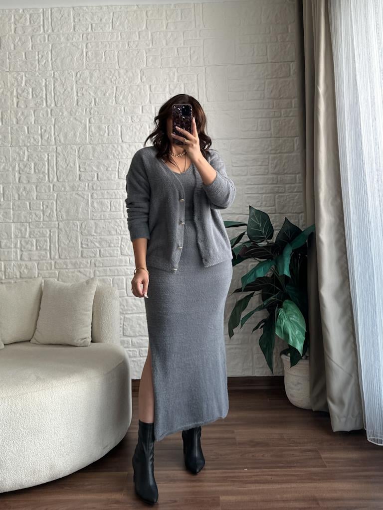 Premiuım Üçlü Etek Hırlka Askılı Bluz Yumoş Triko Takım Gri