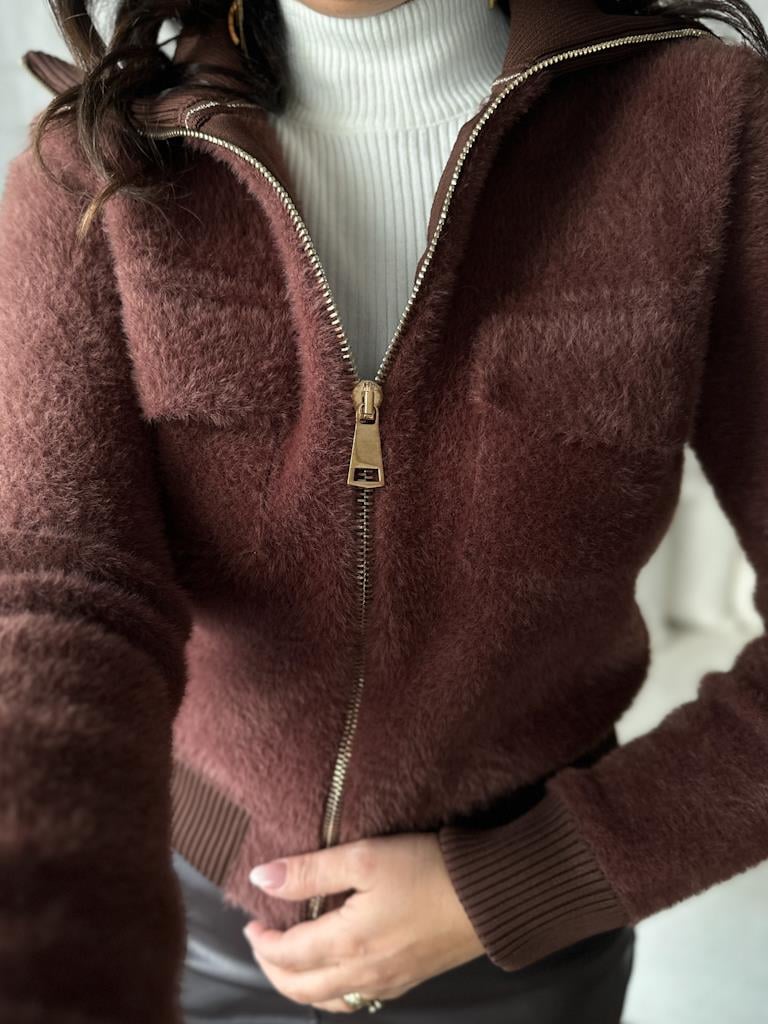 Premium Angora Fermuarlı Triko Ceket Kahverengi