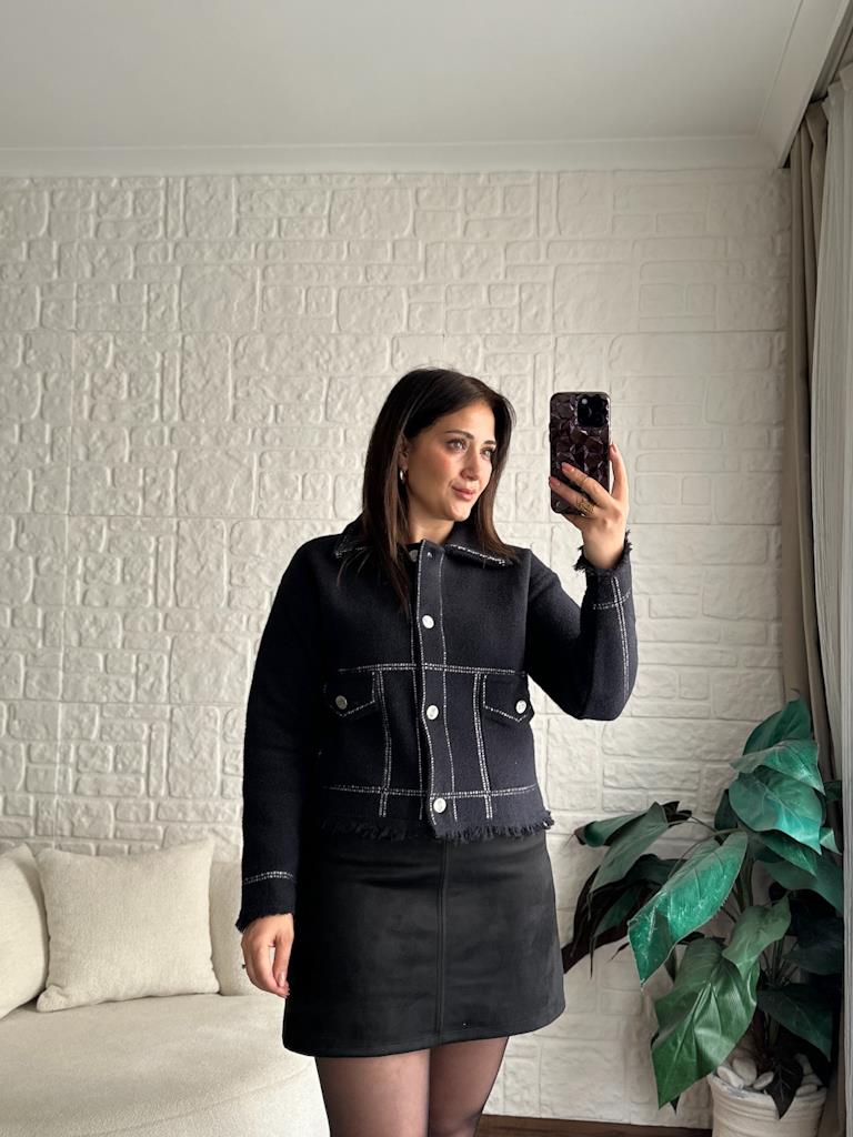 Premium Angora Gömlek Yaka Ceket Siyah