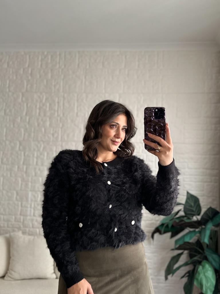 Premium Bisiklet Yaka Taş Düğmeli Sakal Model Triko Hırka Siyah