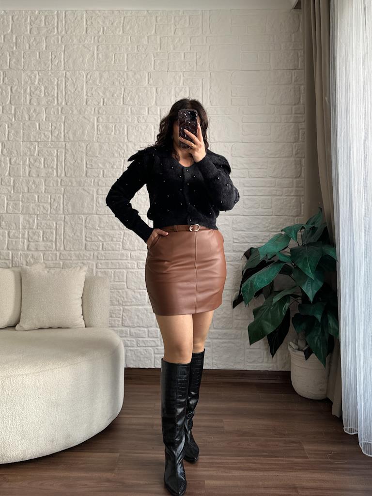 Premium Deri Kemerli Mini Etek Taba