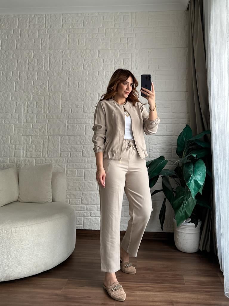 Premium Fermuarlı Ceket Pantolon Takım Bej