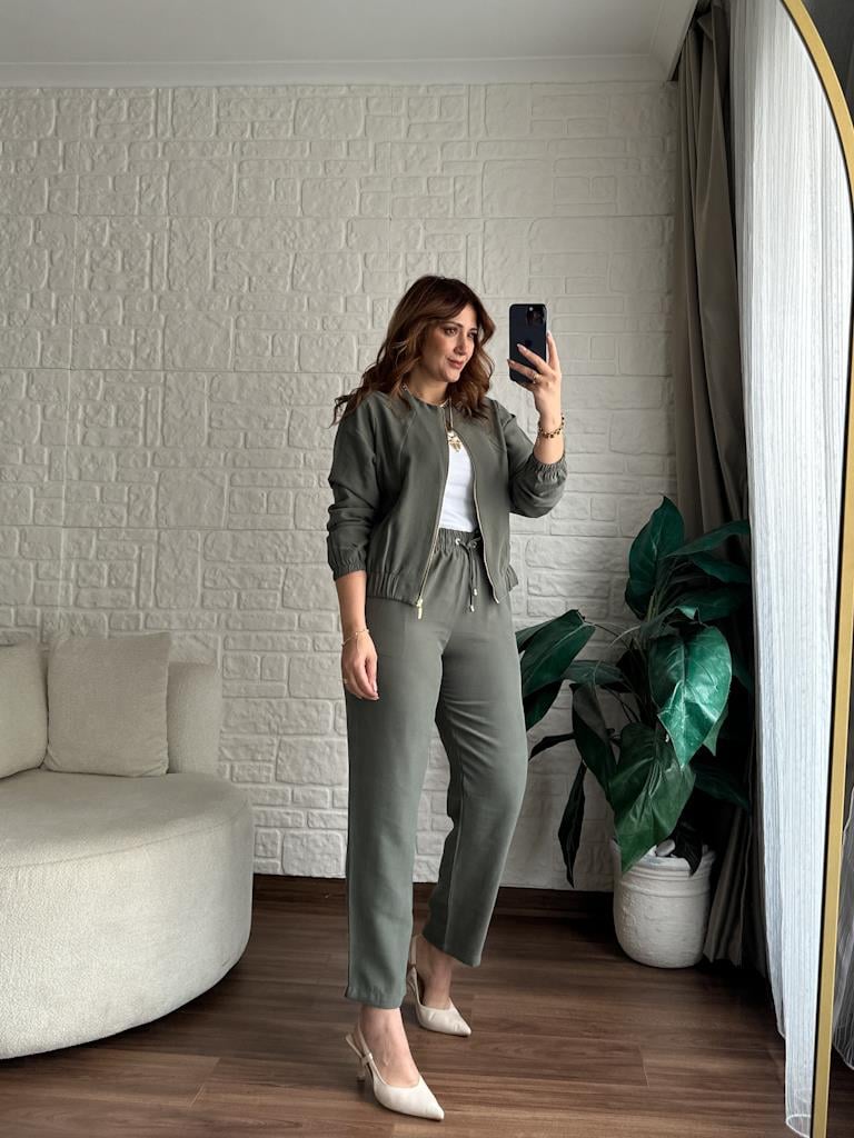 Premium Fermuarlı Ceket Pantolon Takım Haki Yeşil