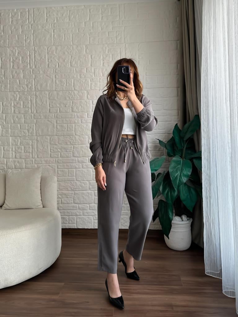 Premium Fermuarlı Ceket Pantolon Takım Gri