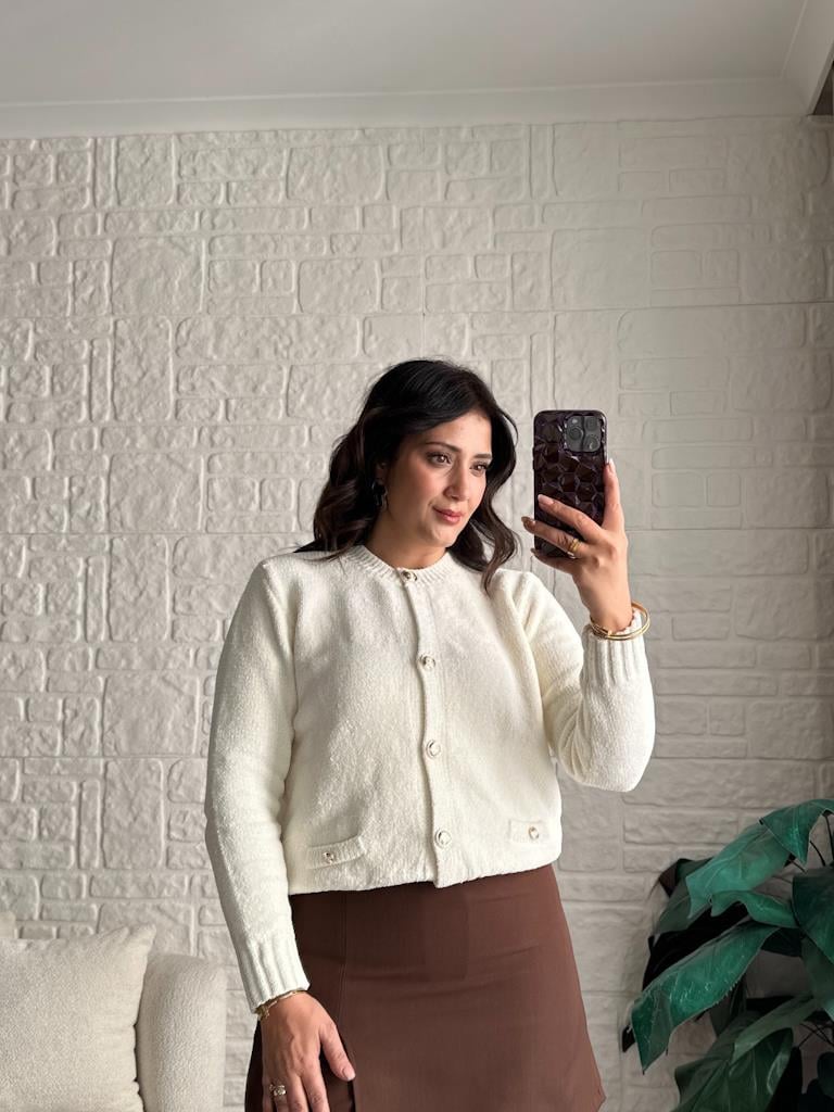 Premium Gold Düğme Şönil Triko Hırka Ekru