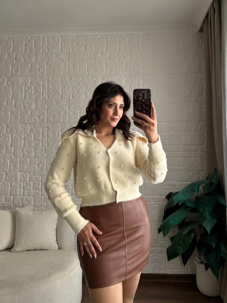 Premium İncili Angora Ceket Ekru