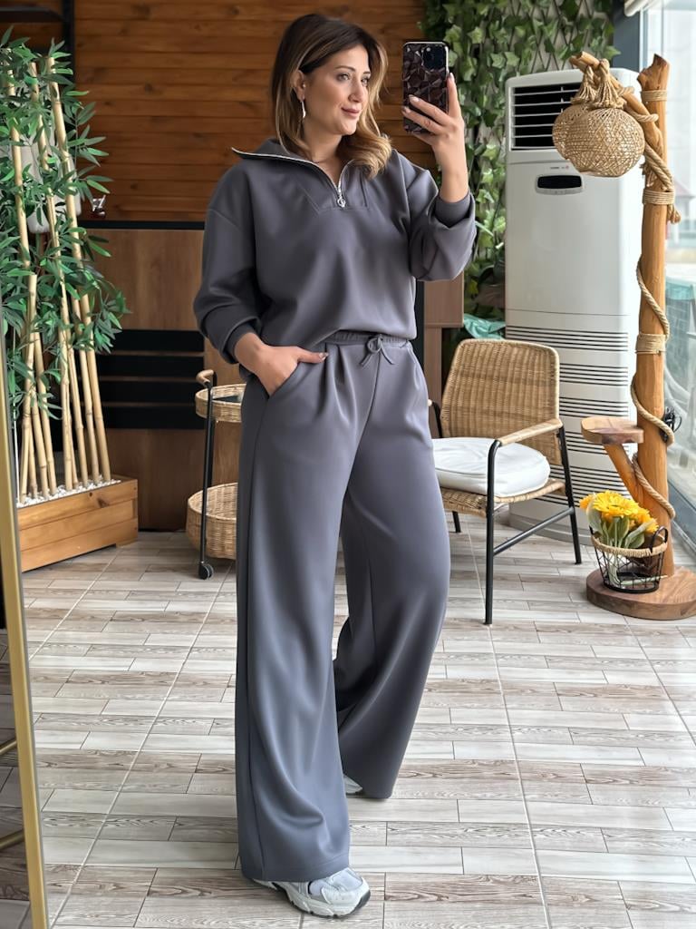 Premium Modal Kumaş Palazzo Fermuarlı Takım Füme