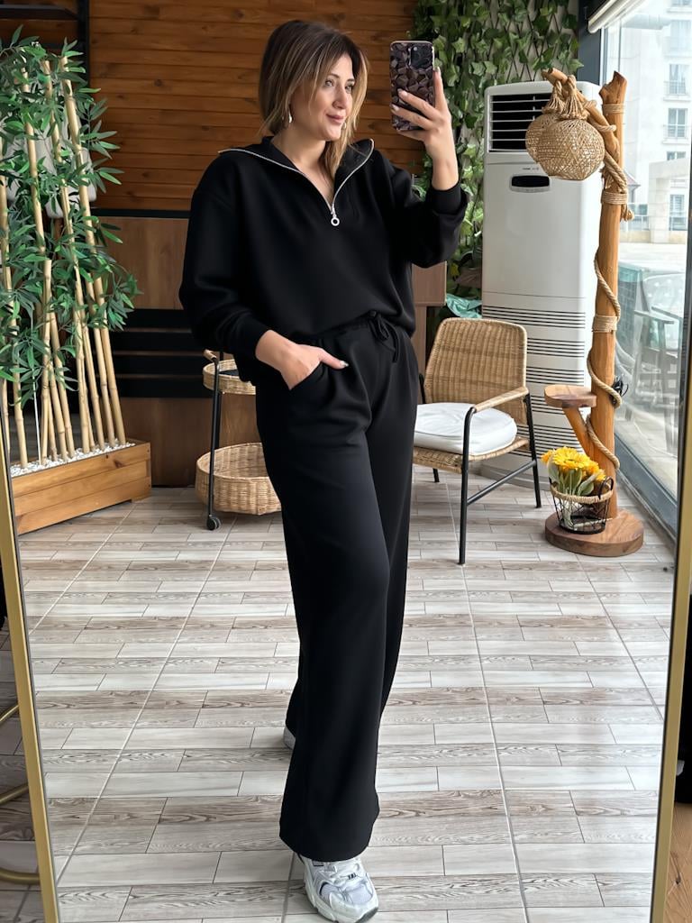 Premium Modal Kumaş Palazzo Fermuarlı Takım Siyah