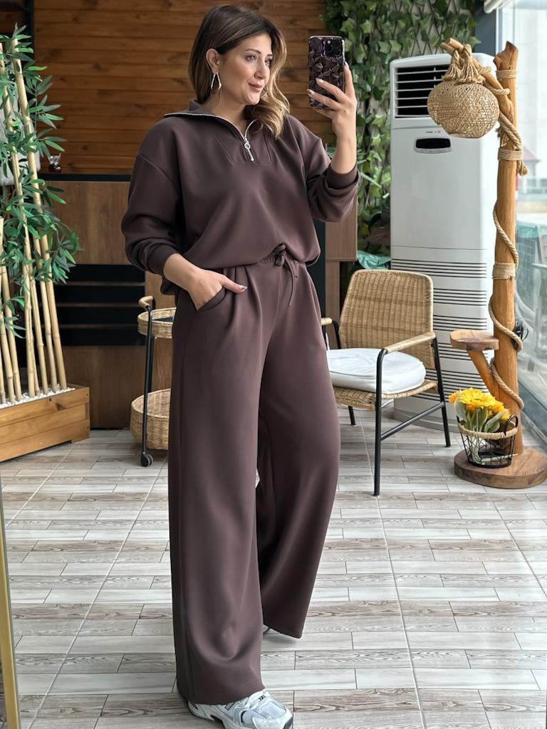 Premium Modal Kumaş Palazzo Fermuarlı Takım Kahverengi