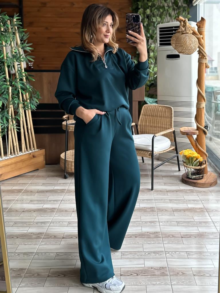 Premium Modal Kumaş Palazzo Fermuarlı Takım Zümrüt Yeşil