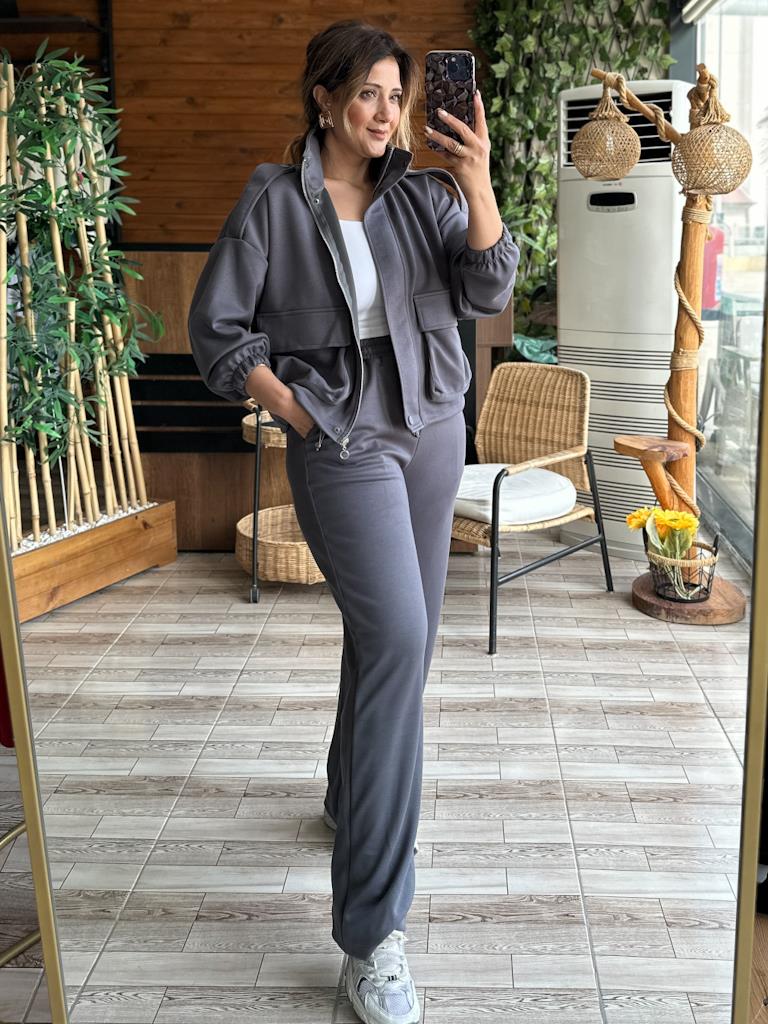 Premium Modal Oys Kumaş Fermuarlı Cepli Takım Füme  Kod 1108