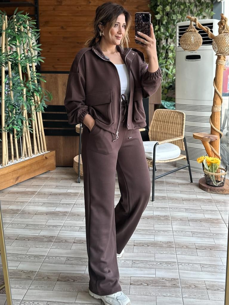 Premium Modal Oys Kumaş Fermuarlı Cepli Takım Kahverengi Kod 1108