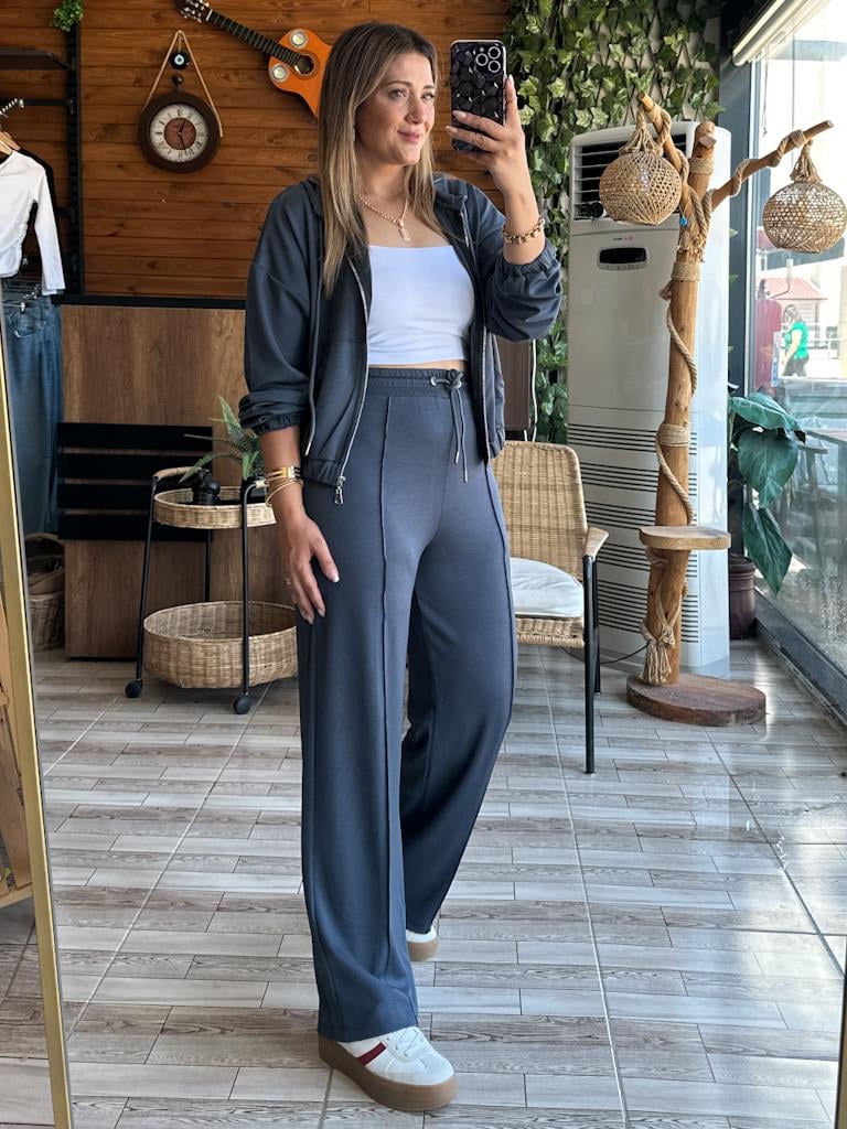 Premium Modal Oys Kumaş Fermuarlı Kapşonlu Takım Füme