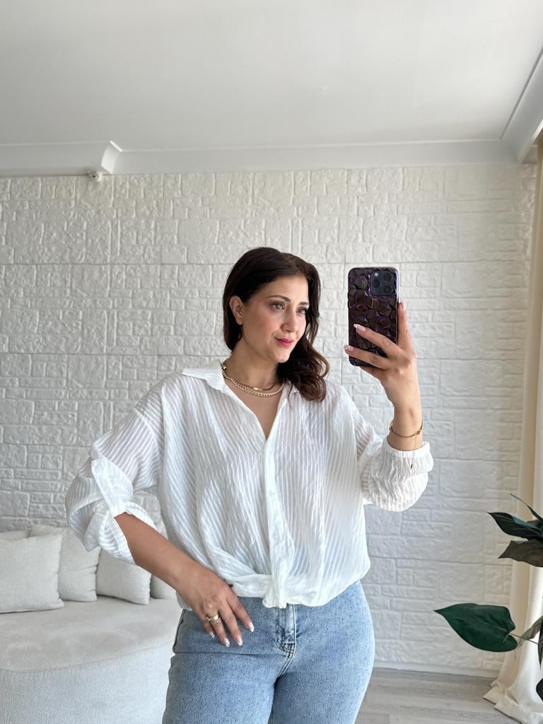 Premium Önü Bağlamalı Tül Gömlek Ekru