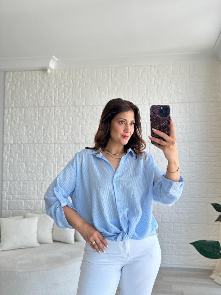 Premium Önü Bağlamalı Tül Gömlek Mavi