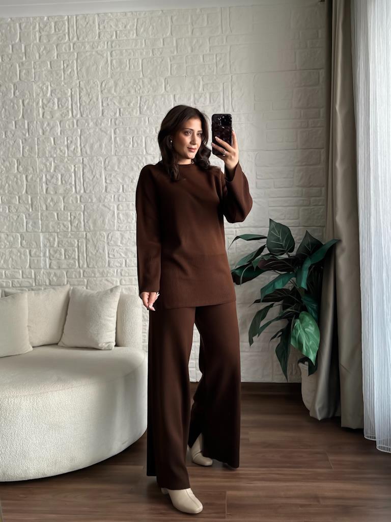 Premium Paça Detaylı Salaş Triko Takım Kahverengi