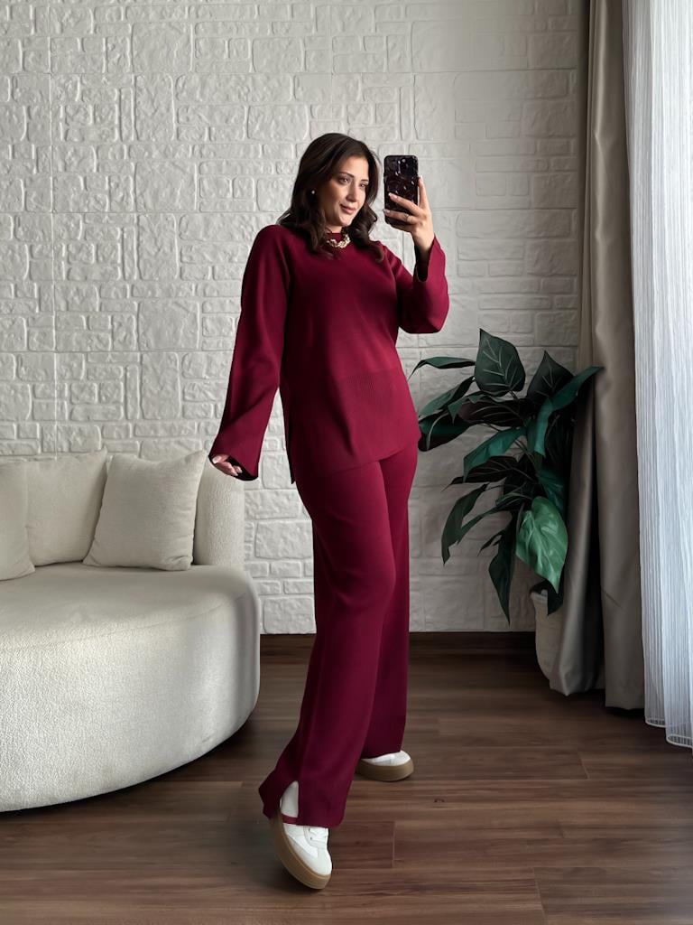 Premium Paça Detaylı Salaş Triko Takım Bordo