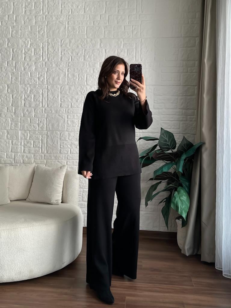 Premium Paça Detaylı Salaş Triko Takım Siyah