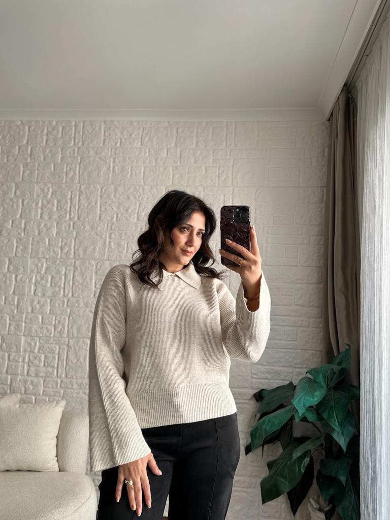 Premium Polo Yaka Triko Kazak Bej