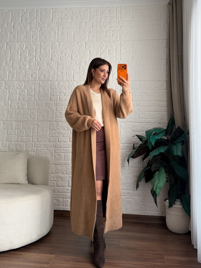 Premium Seri Angora Şal Yaka Maxi Boy Hırka Camel