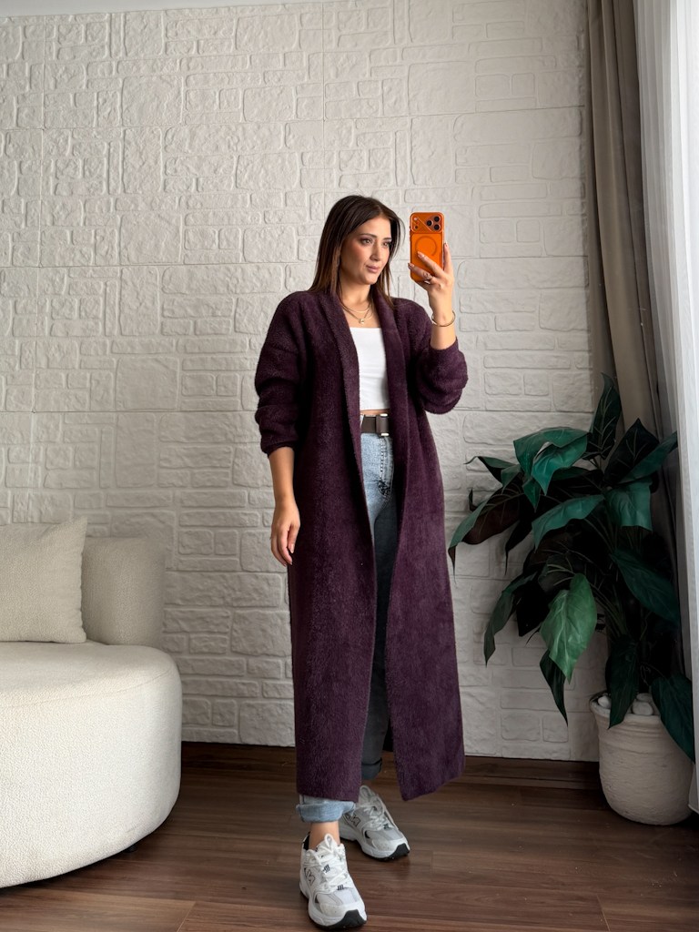 Premium Seri Angora Şal Yaka Maxi Boy Hırka Mor