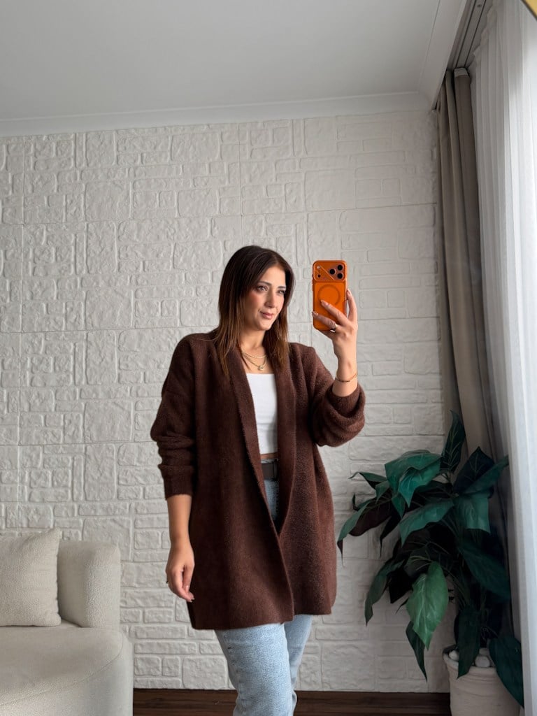 Premium Seri Angora Şal Yaka Midi Boy Hırka Kahverengi