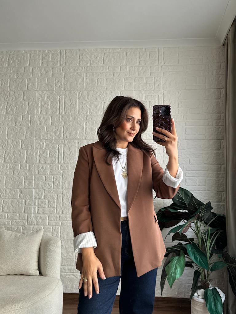 Premium Seri Astarlı Çizgili Blazer Ceket Kahverengi