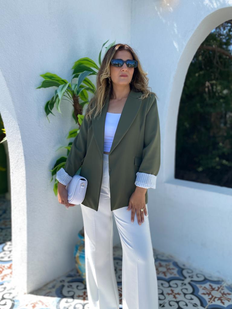 Premium Seri Astarlı Çizgili Blazer Ceket Haki Yeşil