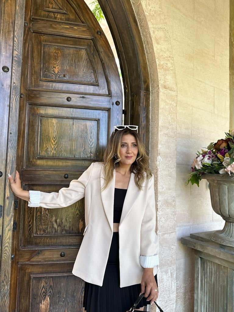 Premium Seri Astarlı Çizgili Blazer Ceket Krem