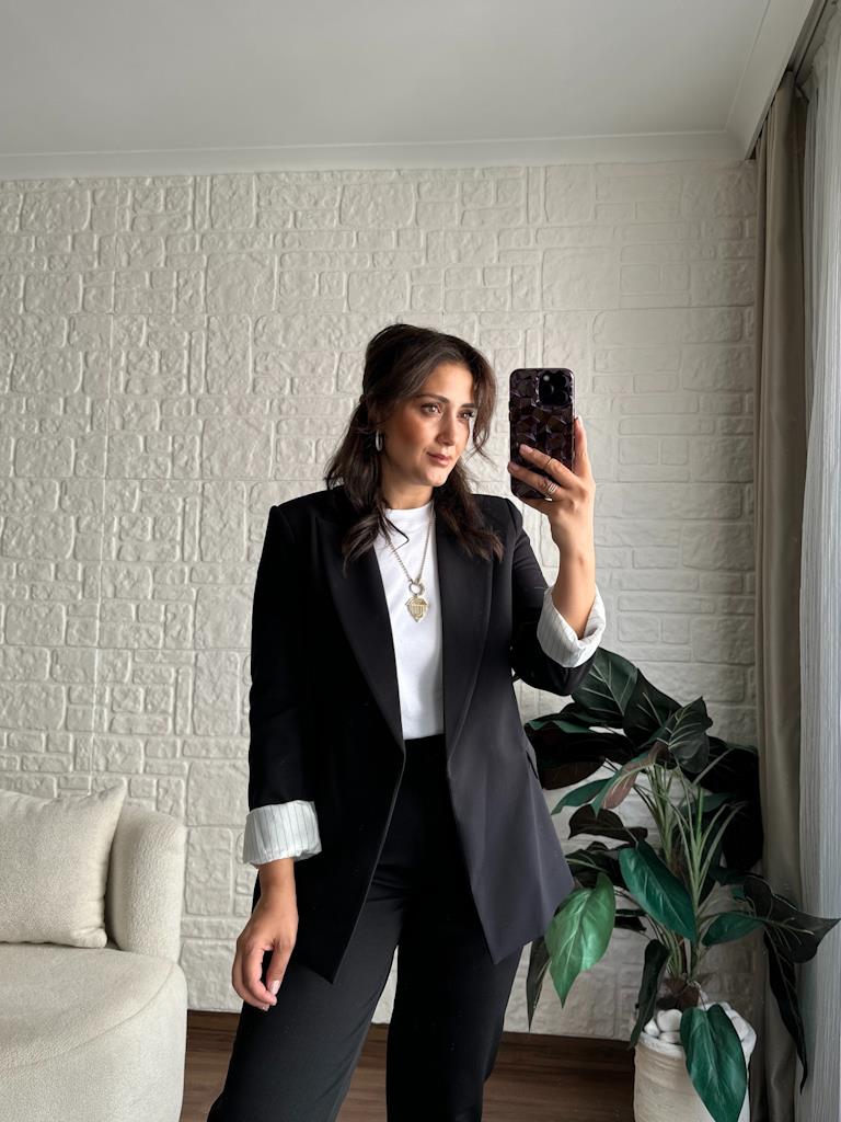 Premium Seri Astarlı Çizgili Blazer Ceket Siyah