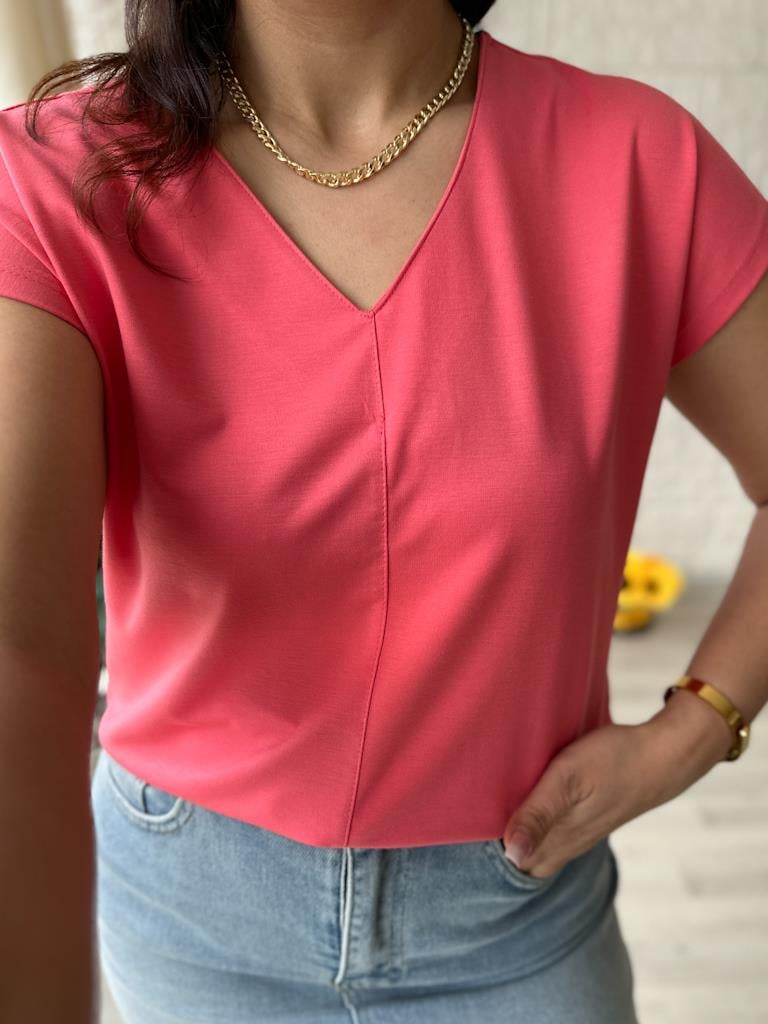 Premium Seri Relaxed Fit V Yaka Basic Tişört Pembe