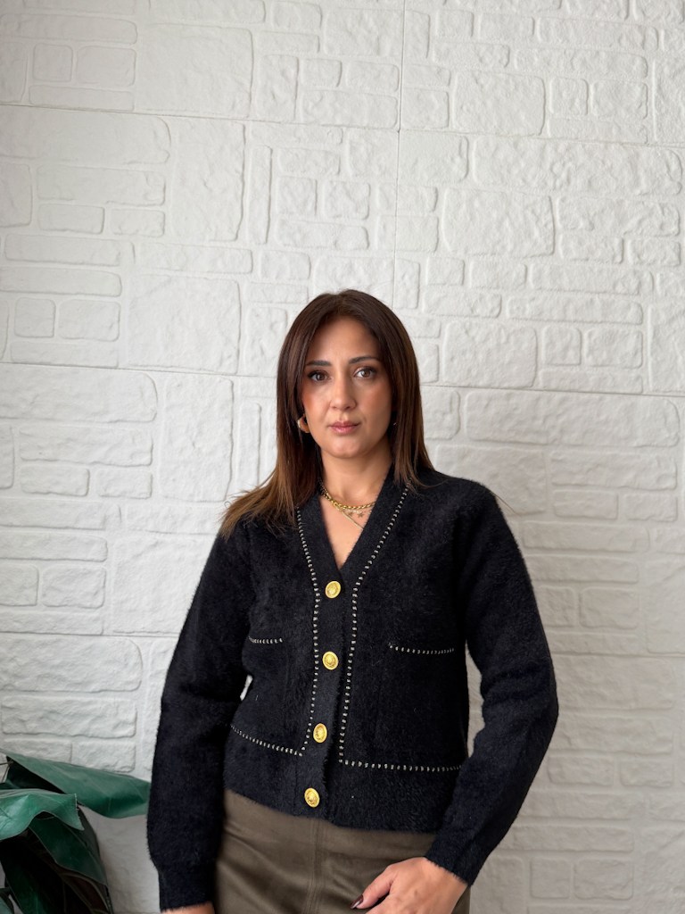 Premium Simli Düğmeli Angora Hırka Siyah