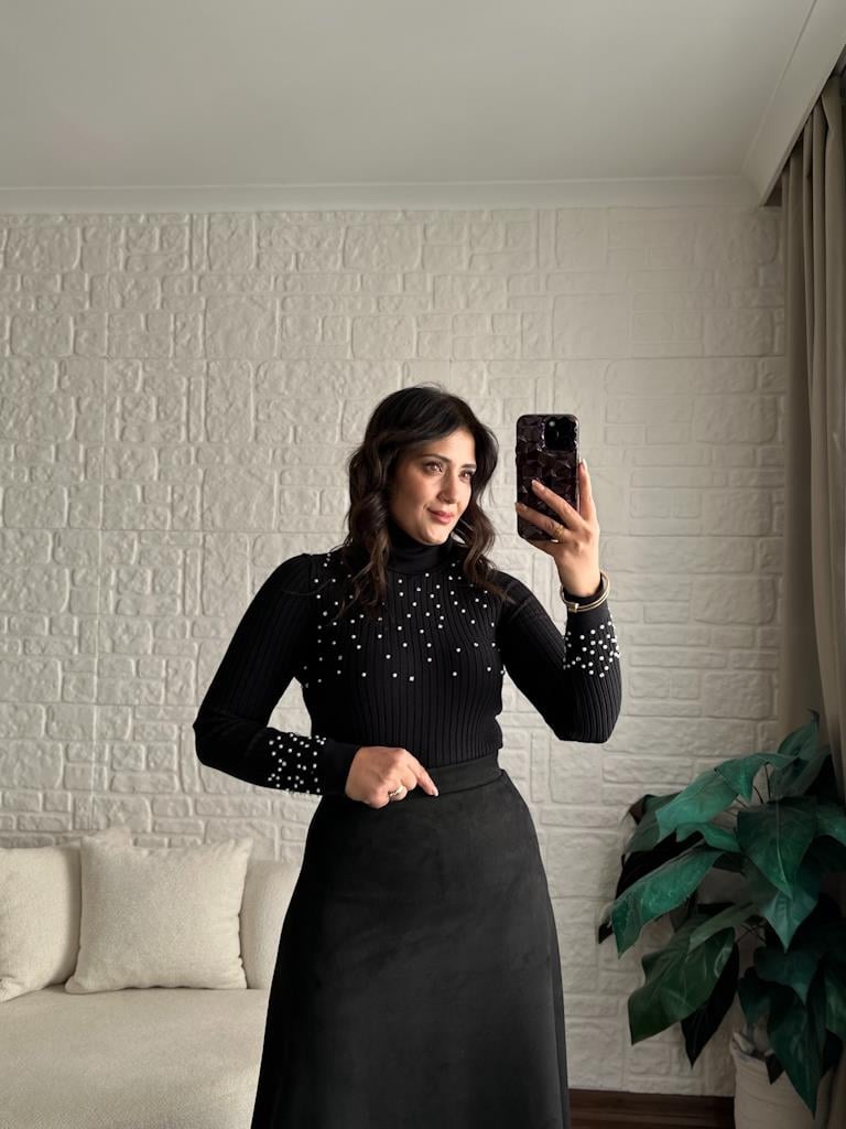 Premium Taşlı İncili Balıkçı Kazak Siyah