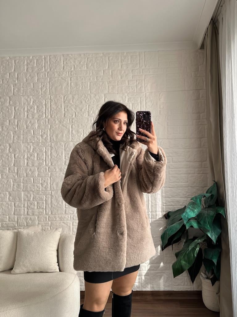 Premium Tok Yapı Astarlı Kapşonlu Pelüş Mont Vizon