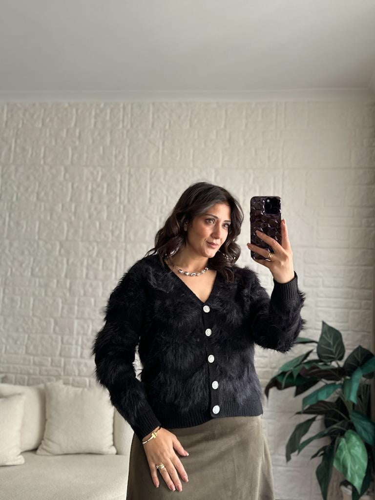 Premium V Yaka Sakal Model Triko Hırka Siyah