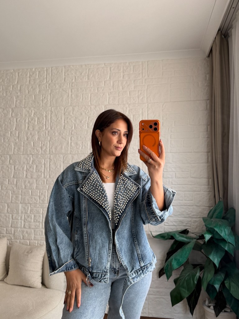 Premium Yakası İnci  Denim Ceket