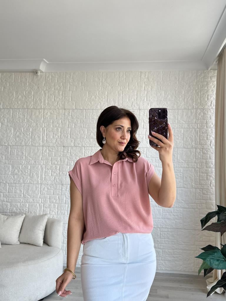 Pudra Pembe Özel Üretim İthal Aerobin Yaka Patlı Gömlek