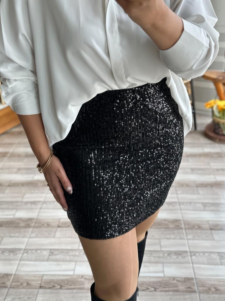 Pul Payet Detaylı Beli Lastikli Likralı Etek Siyah