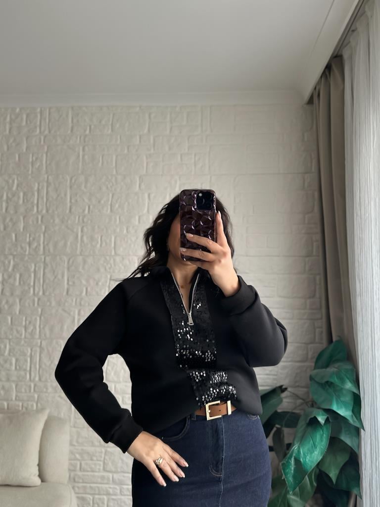 Pul Payetli Fermuar Detaylı Üç İplik Şardonlu Sweetshirt Siyah