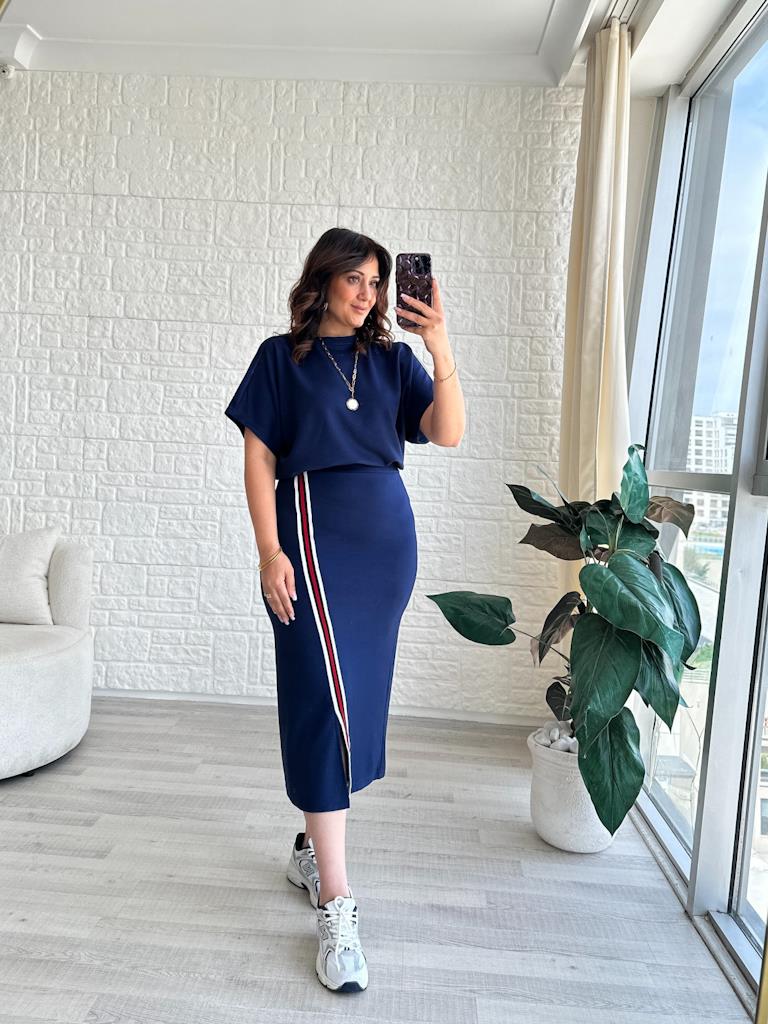 Ribana Şeritli Modal Kumaş Etekli Takım Lacivert