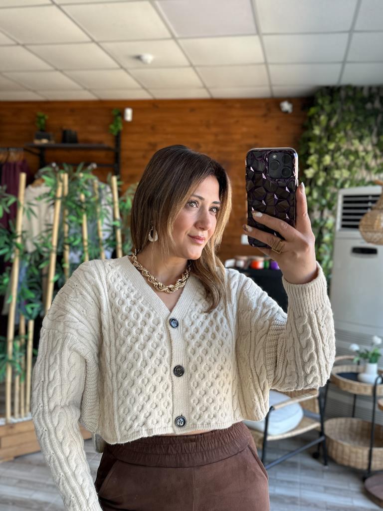 Robin Düğmeli Örme Tok Triko Kazak Taş