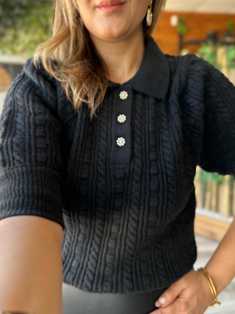 Robin Polo Yaka Düğmeli Örme Triko Kazak Siyah