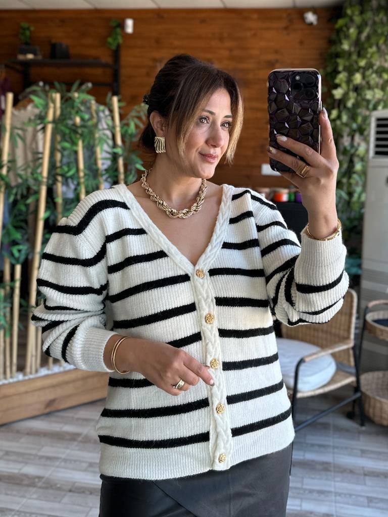 Robin Salaş Çizgili Gold Düğmeli Hırka