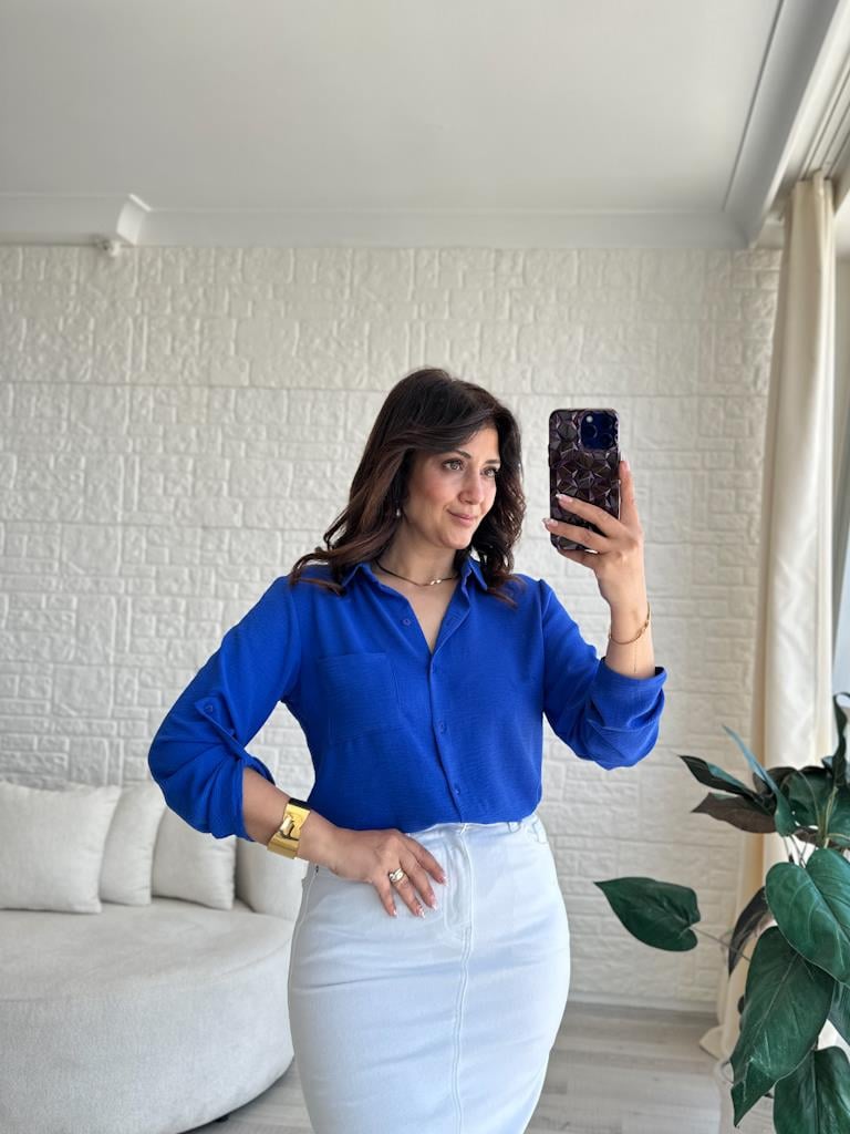 Saks Mavi Özel Üretim Kol Düğme Detaylı Cepli İthal Aeronin Gömlek