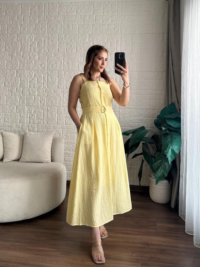 Sarı  Kalın Askılı Cepli Tril Yazlık Elbise