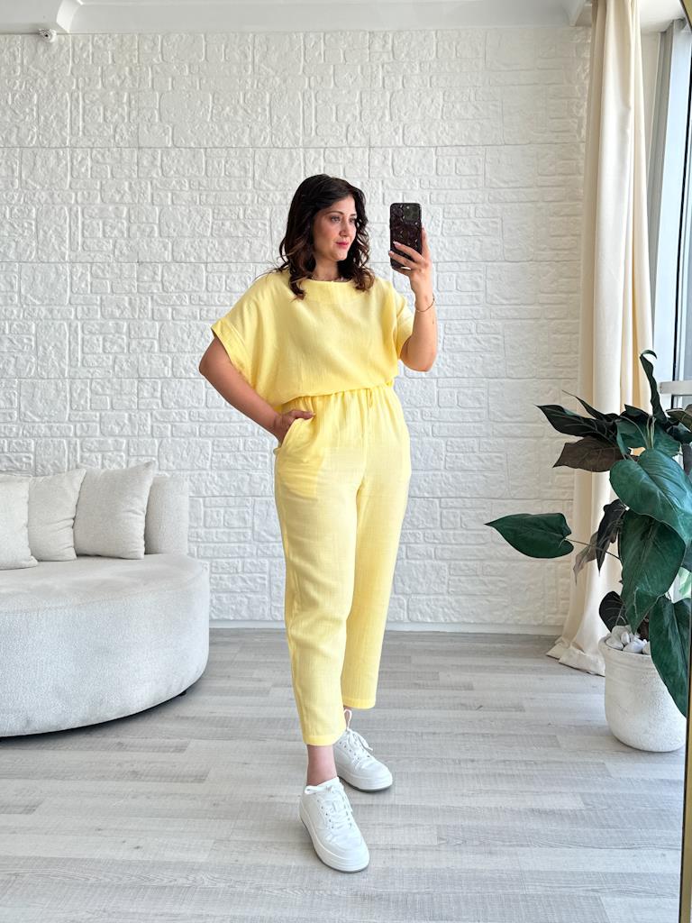 Sarı Müslin Kumaş Bluz Pantolon Takım
