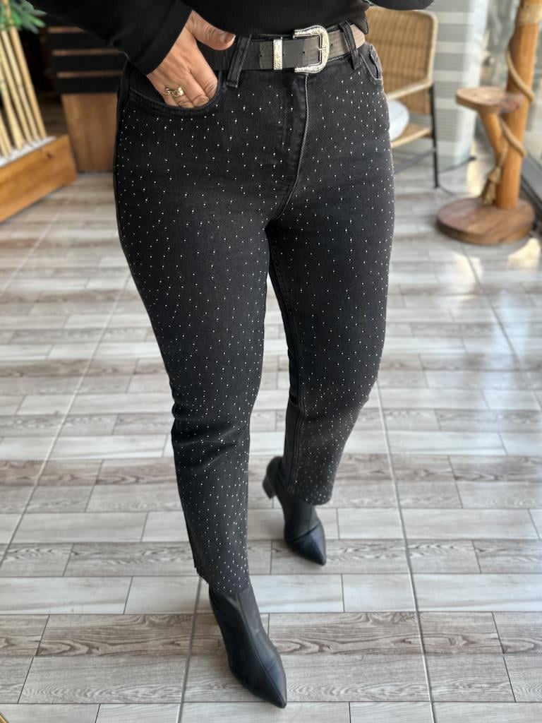 Serpme Taş Detay Mom Fit Antrasit Jean