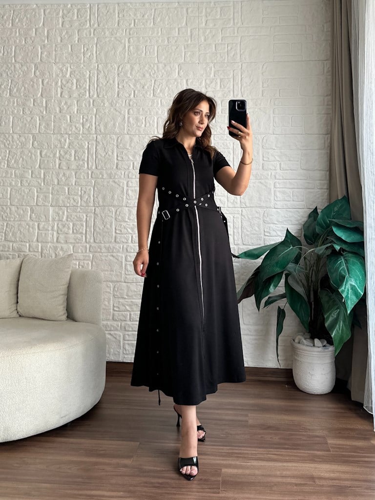 Siyah Fermuarlı Kuşgözü Model Modal Elbise