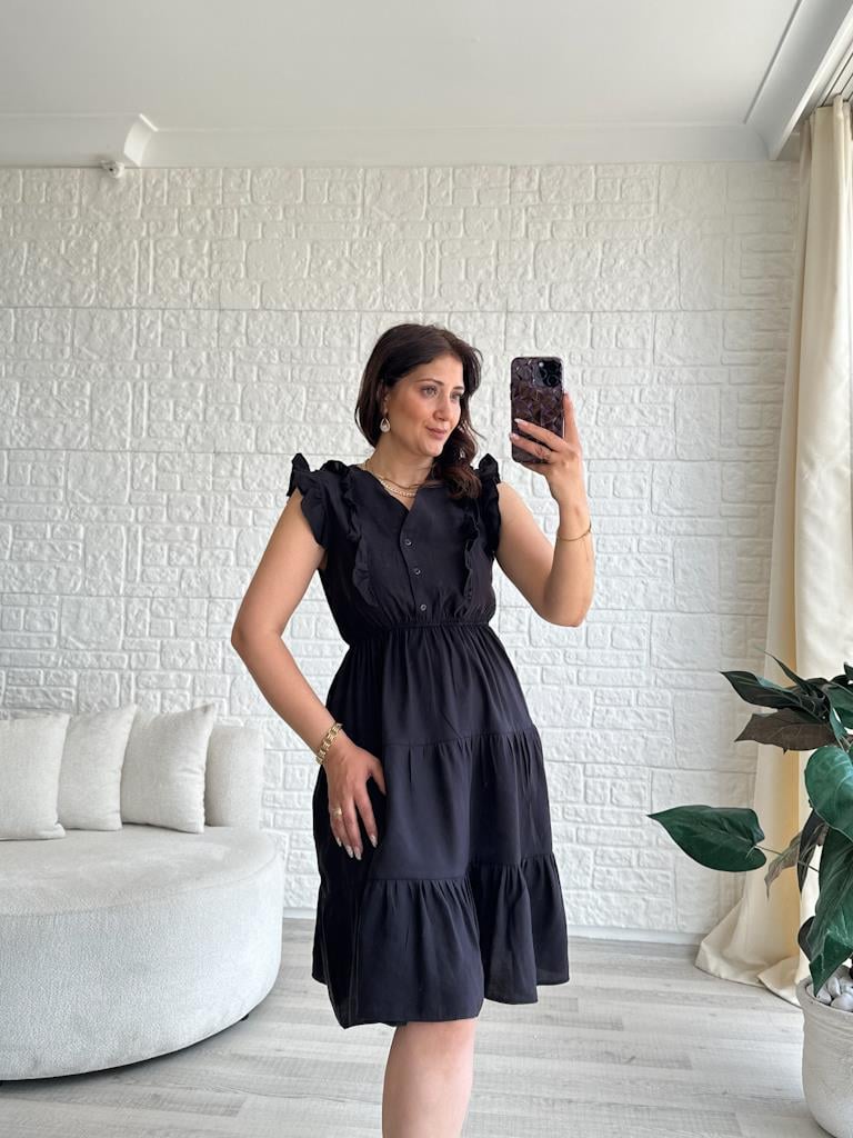 Siyah Fırfır Detay Modal Elbise